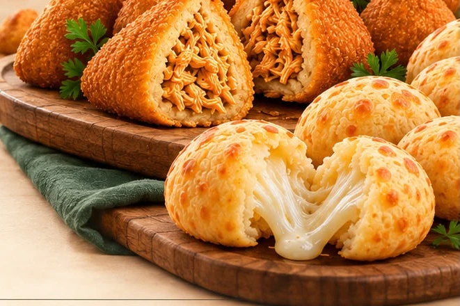 Plateau de coxinhas ouvertes et de pães de queijo coulants