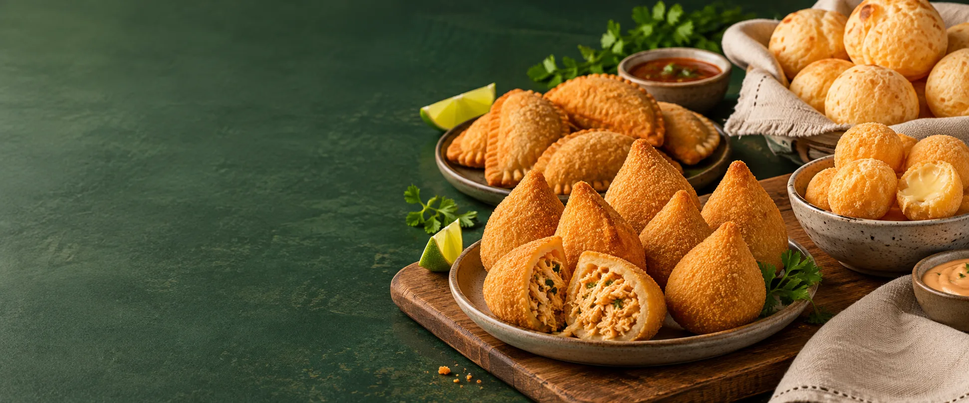Coxinhas dorées dont deux ouvertes, pães de queijo et bols de sauce sur une planche